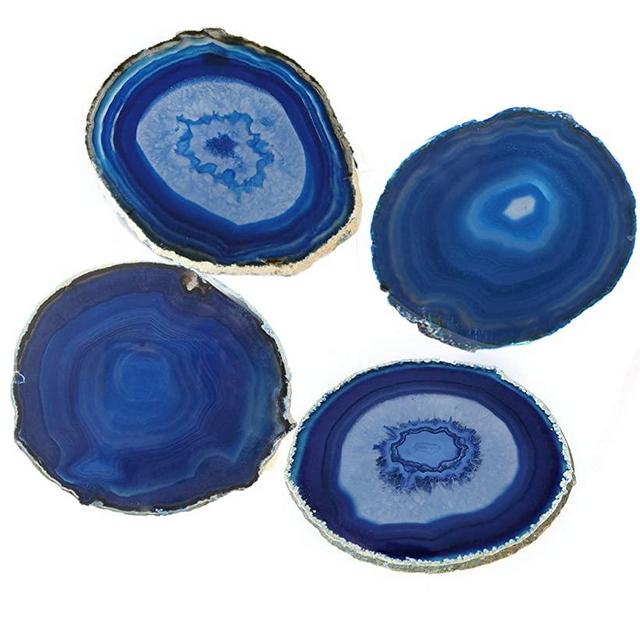 AMOYSTONE Blue Agate Coaster Cup Mat Dyed Sliced Agate Beverage Coasters Small for Drinks Gift Set of 4 Plates Blue 3-3.5"