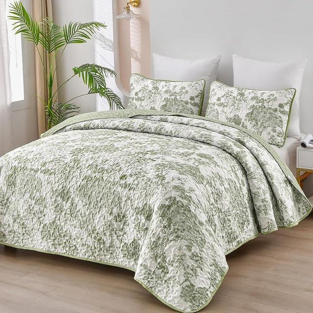 WONGS BEDDING Botanical Quilt Set Queen Size, Sage Green 3 Pieces Toile Floral Plants Printed Bedspread Bedding Set Soft Lightweight Microfiber Coverlet Set for All Season (96"x90")
