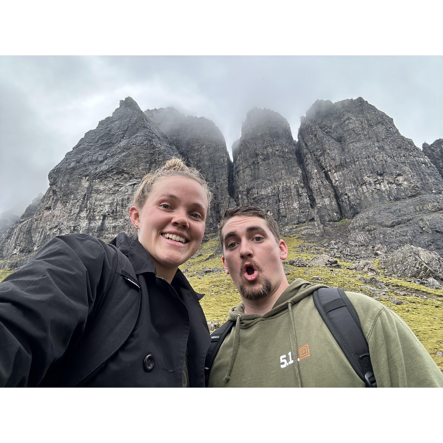 Hiking on the Isle of Skye in Scotland. We made it to the top of old Man Storr.