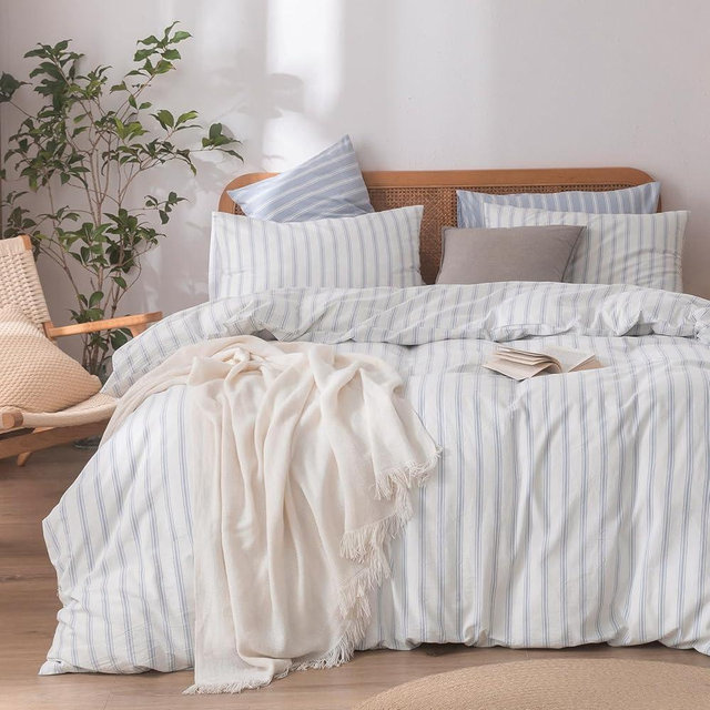 BESTOUCH Duvet Cover Set 100% Washed Cotton Linen Feel Super Soft Comfortable Chic Lightweight 3 PCs Home Bedding Set White & Cornflower Blue Stripes Queen
