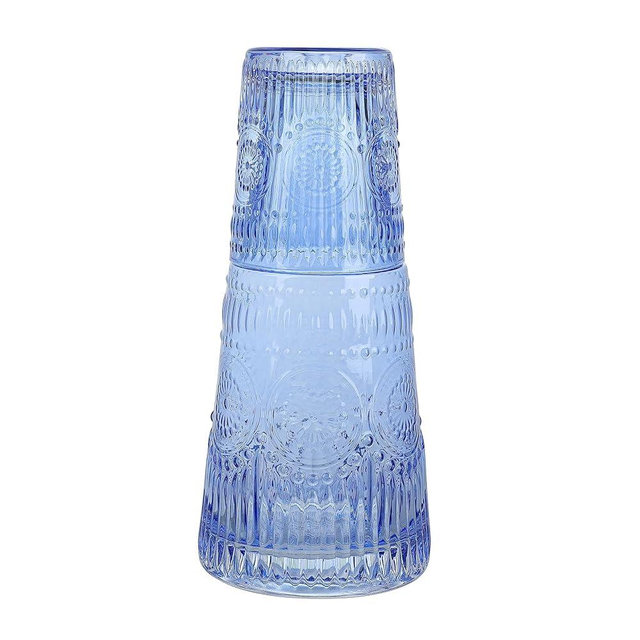 elle decor Bedside Water Carafe with Tumbler Set | Vintage Design Pitcher and Matching Drinking Glass Doubles as Lid | 33-Ounce Jug for Guest Room, Office, or Gift | 4” x 8.5” (Cobalt Blue)