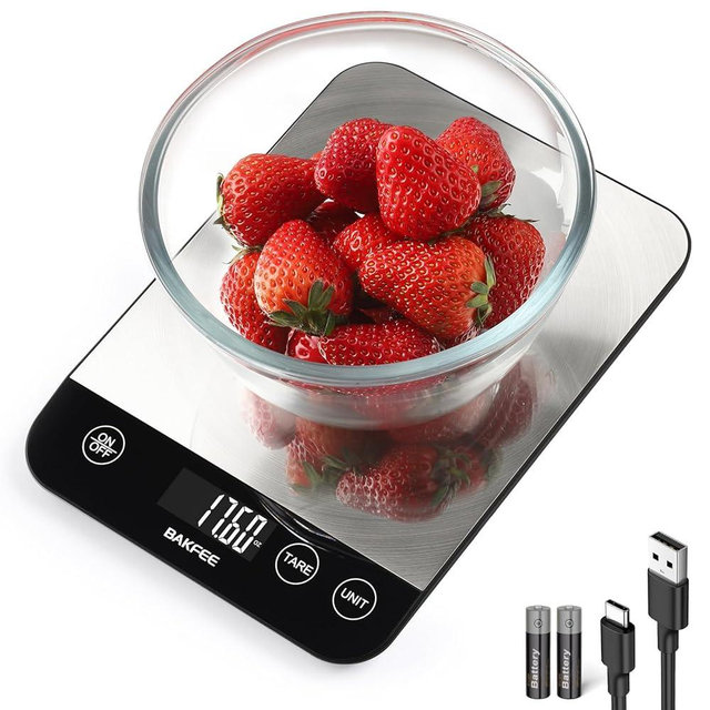 BakFee Food Scale, 33lb Rechargeable Kitchen Scale with Stainless Steel, Grams and Ounces, USB Charging, 1g High Accuracy for Baking, Cooking & Food Prep, BK806