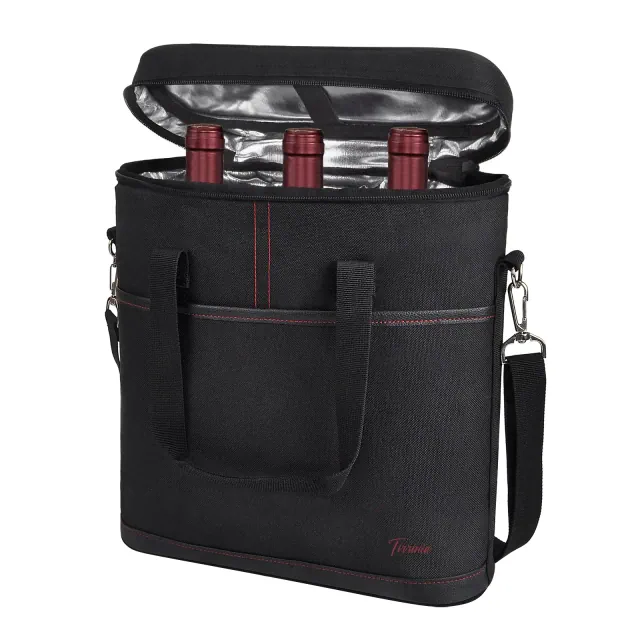 Tirrinia Wine Gift Bag, 3 Bottle Carrier Tote, Insulated Padded Wine Cooler Bag with Handle and Shoulder Strap, Gifts for Wine Lovers, Black