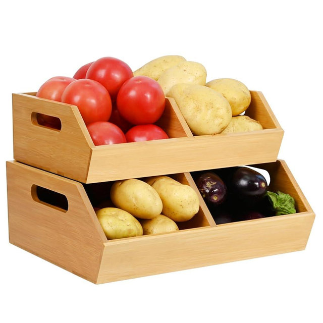 Ollieroo Bamboo Stackable Storage Bin, Pantry Organizer and Storage Baskets, Potato and Onion Kitchen Organizer, Kitchen Storage Containers for Produce, Fruit, Bread, Vegetable, Garlic, 2 Pack