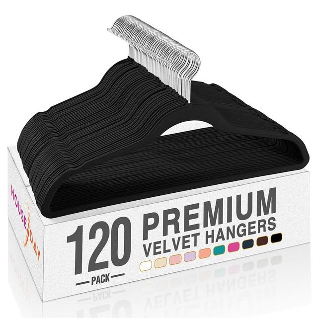 HOUSE DAY Black Velvet Hangers 120 Pack, Premium Clothes Hangers Non-Slip Felt Hangers, Sturdy Black Hangers Heavy Duty Coat Hangers, Durable Suit Hangers, Space Saving No Hanger Mark Rotating Hook