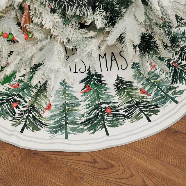 CROWNED BEAUTY Christmas Tree Skirt Collar 48 Inch Green Pine Trees Red Cardinals Soft Farmhouse Holiday Decoration (Green) TS37