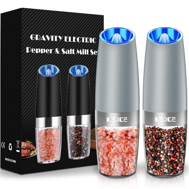 XinXu Gravity Automatic Electric Pepper and Salt Grinder, Auto Salt or Pepper Mill Shaker Stainless Steel,Blue LED Light,One Hand Operated, LightGrey