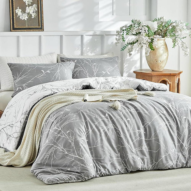 Lekesky Reversible Duvet Cover Queen Size, Grey White Branch Comforter Cover Queen 3pcs Microfiber Botanical Bedding Set with Zipper Closure Corner Ties