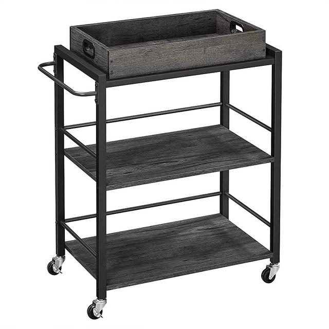 VASAGLE Bar Cart, Kitchen Serving Cart, Utility Cart with Wheels and Handle, Universal Casters with Brakes, Leveling Feet, Charcoal Gray and Black ULRC072B04