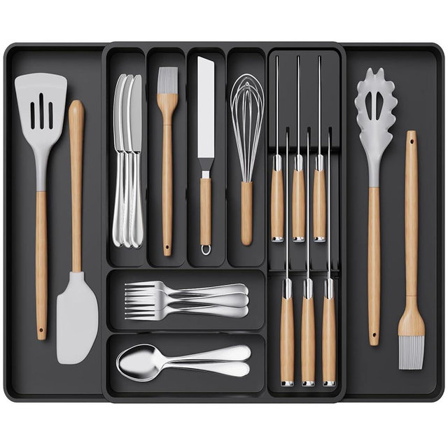 Lifewit Silverware Organizer for Kitchen Drawers, Expandable Utensil Tray with Removable Knife Block, Adjustable Cutlery and Flatware Holder, Plastic Spoon Forks Holder Storage Divider, Large, Black