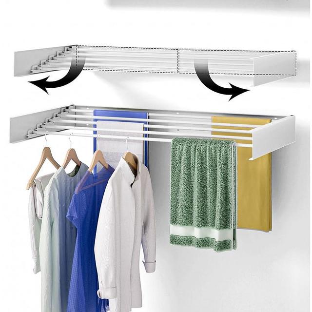 Wall Mounted Drying Rack, 31.5" Wide, 13.2 Linear Ft, 100% Aluminum Rods Space Saving Clothes Drying Rack with Wall Template for Indoor & Outdoor Organization, 60 lb Capacity (White 31.5" Medium)
