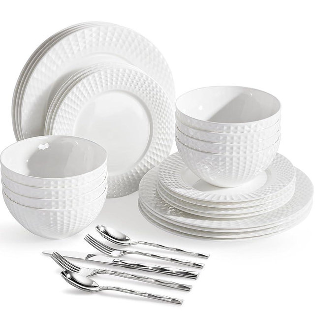 KINGSTONE 24-piece Bone China Dinnerware Set and 40-piece silverware, White Lightweight Porcelain for 8, Plates, Bowls with matching flatware, Microwave and Dishwasher Safe, for Family, Gifting