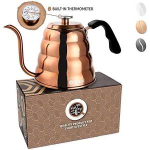 OPUX Premium Gooseneck Coffee Kettle With Thermometer For Pour Over | 40 fl oz | Stainless Steel Drip Kettle with Ergonomic Handle for Home Brewing, Tea (Glossy Copper, Solid Top)