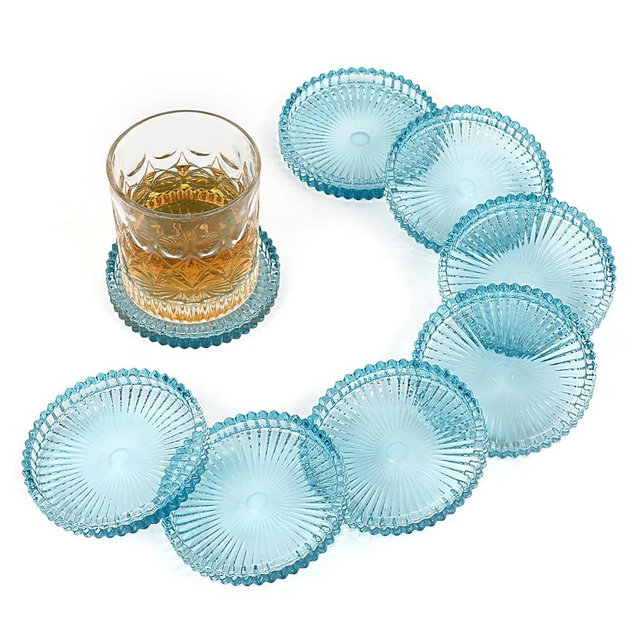 OGANAZI Modern Clear Coaster Set of 8- Glass Coasters for Drinks Crystal Coasters Round Cup Coaster Coffee Table Decor for Office, Kitchen, Bar, Dining Room, Living Room, Patio(Clear Blue)