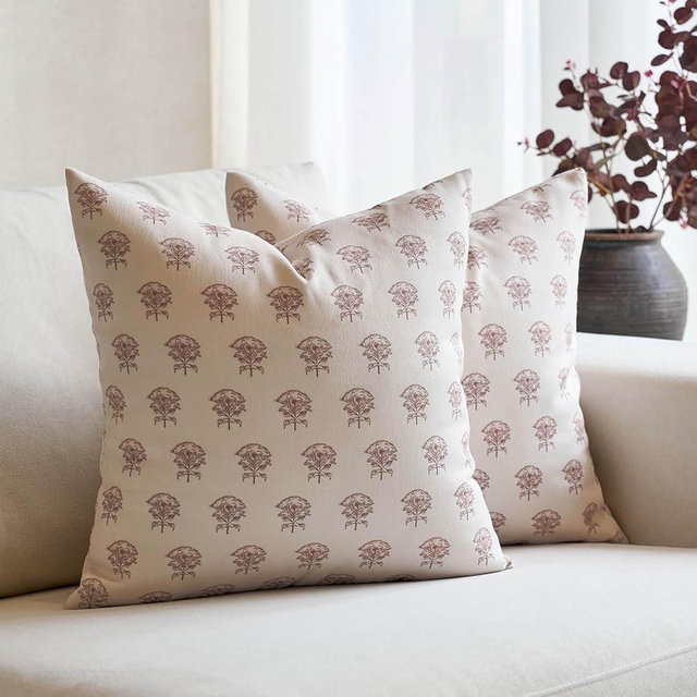 Amor Virisso Set of 2 Floral Block Print Pillow Covers 20x20 Inch, Vintage Flower Decorative Throw Pillowcovers Neutral Accent Farmhouse Pillows Home Decor for Sofa Couch Bed, Brown