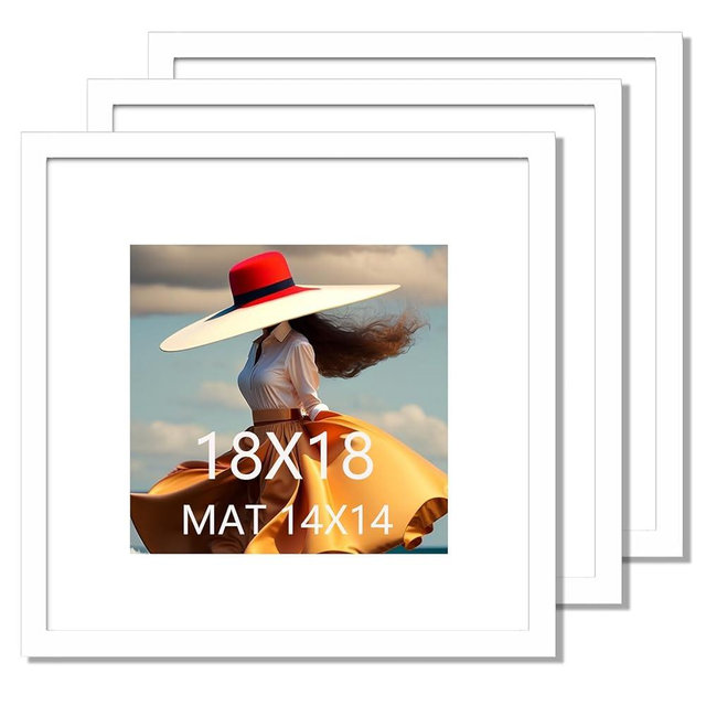 SKAOTUS 18x18 Picture Frame 3 Pack White Solid Wood for Mat 14x14 Wall Mounting Square Poster Frames