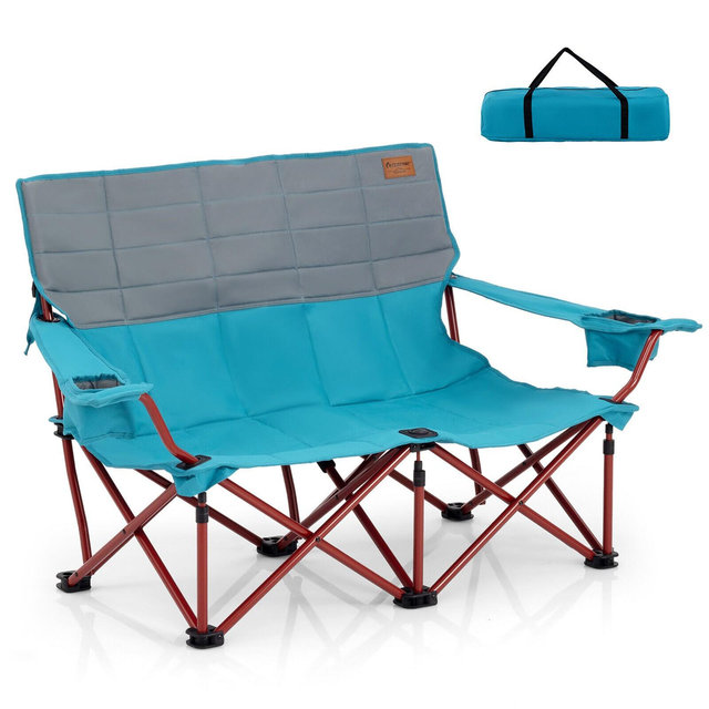 Tangkula Oversized Camping Chair Folding Loveseat Camping Couch w/ Cup Holders & Padding