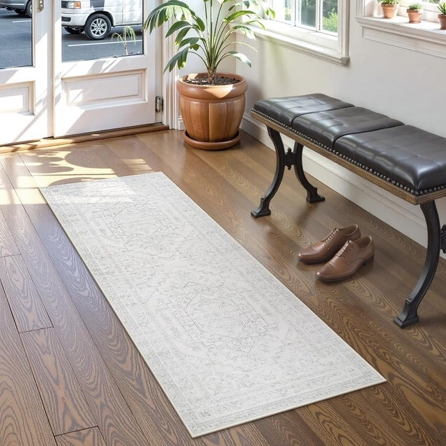 Uphome Boho Kitchen Runner Rug, 2x5 Washable Hallway Runner Rugs Non Slip, Soft Modern Entryway Carpet Runners Low Pile, Non Shedding Rug Runner for Laundry Bedroom Bathroom, Ash White