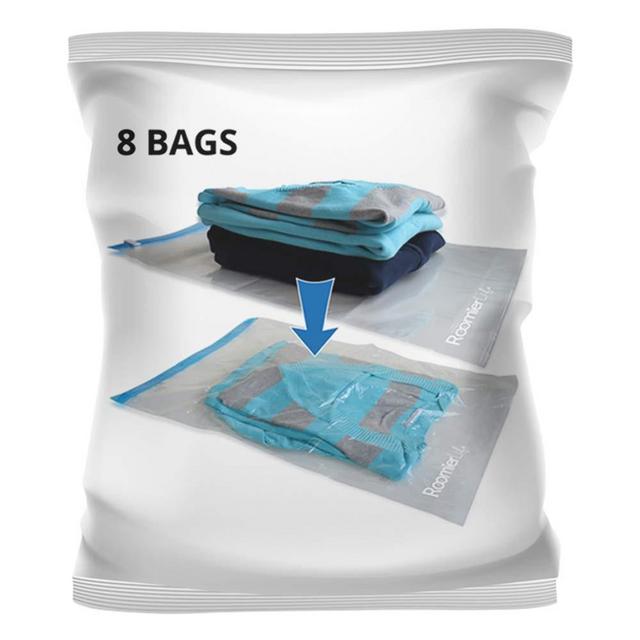 8 Travel Space Saver Bags. Pack of 8 Bags with Sizes Medium to Large. Roll-up Compression Storage (No Vacuum Needed) and Packing Organizers for Travel and Home Storage