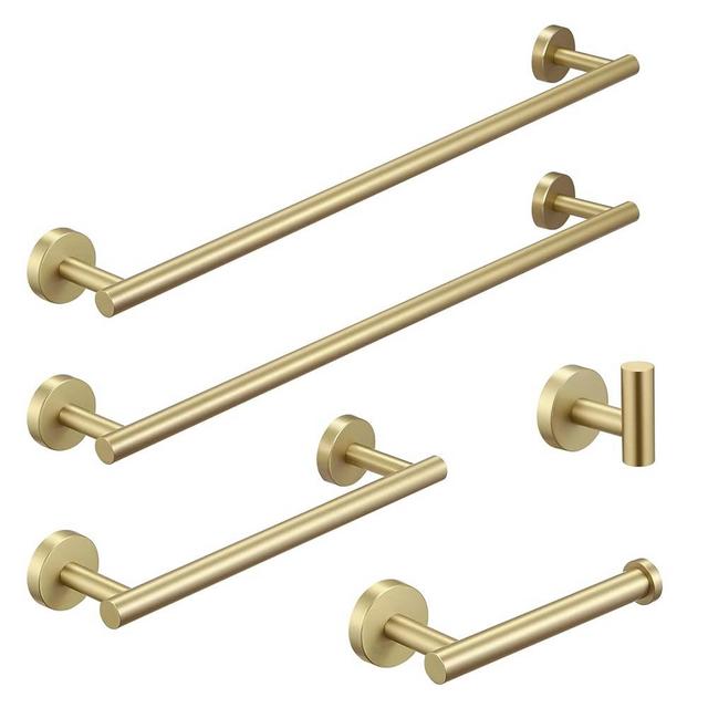 Fapully 5 Piece Bathroom Hardware Set Stainless Steel Wall Mounted Bathroom Accessories Set Brushed Gold Finish Include Towel Bar, Toilet Paper Holder, Robe Hook.