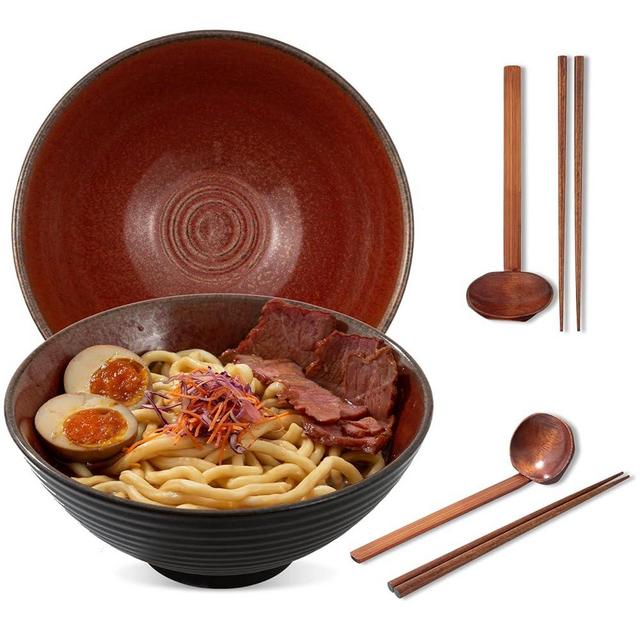 ArtifexCeram 8 Inch Ceramic Ramen Bowl Set of 2, 40oz Japanese Bowls with Spoons & Chopsticks,Durable,Microwave & Dishwasher Safe,Perfect for Ramen,Pho,Salad,Soup,Noodles，Mixing bowls（Carnelian）