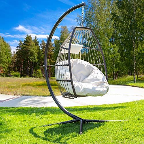 Barton Luxury Wicker Hanging Chair Swing Chair Patio Egg Chair UV Resistant Soft Deep Fluffy Cushion Relaxing Large Basket Porch Lounge, Cream