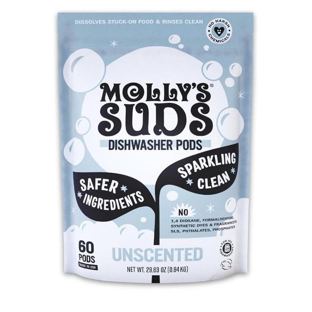 Molly's Suds Dishwasher Pods | Clean Dishwasher Detergent, Cuts Grease & Rinses Clean (Residue-Free) for Sparkling Dishes | 60 Auto-Release Tabs (Unscented)