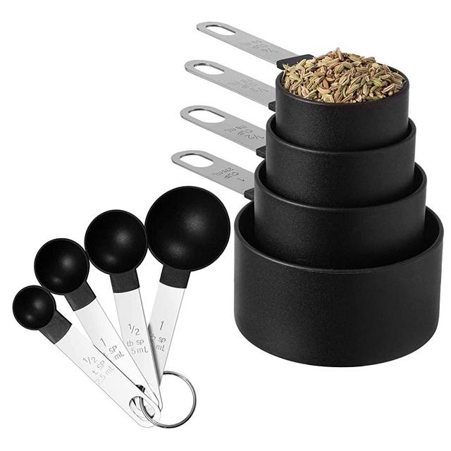 Measuring Cups and Spoons Set of Huygens 8 Pieces, Stackable Stainless Steel Handle Accurate Tablespoon for Measuring Dry and Liquid Ingredient (Black)