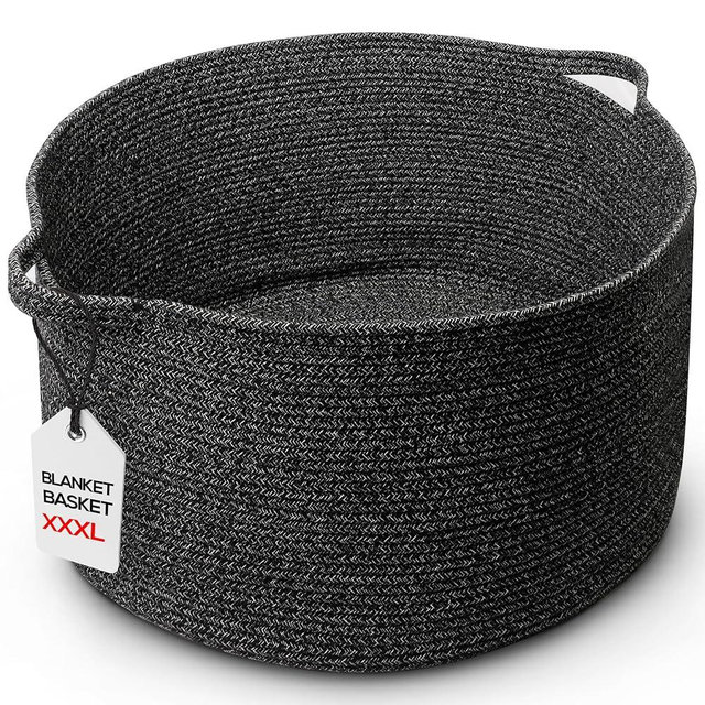 XXXL Large Blanket Basket 22x22x14 inch, Big Woven Basket for Blankets Storage, Throw Blanket Storage for Living Room Organizer, Extra Large Cotton Rope Laundry Blanket Basket for Cloth Storage -Black