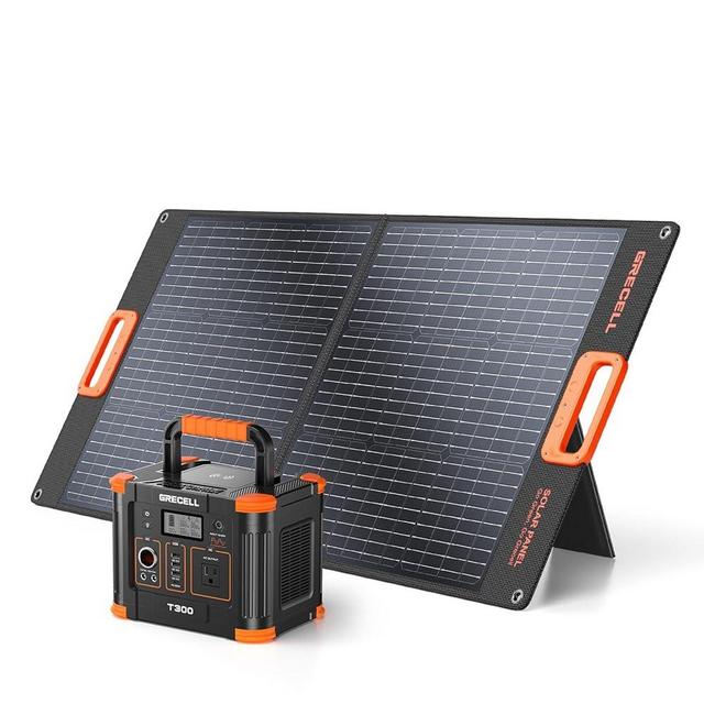 GRECELL 288Wh Portable Power Station and 100W Portable Solar Panel with 330W AC Outlet, Solar Mobile Lithium Battery Pack for Outdoor RV/Van Camping, 60W PD Output