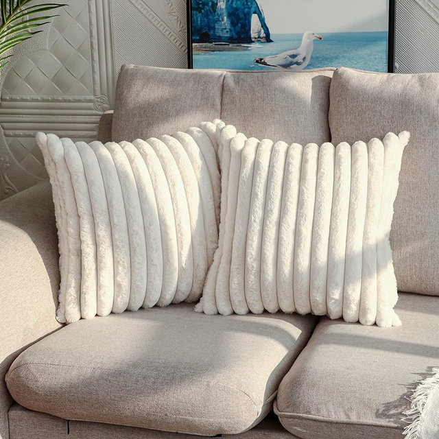 DEELAND Pack of 2,Double-Sided Faux Fur Plush Decorative Throw Pillow Covers Fuzzy Striped Soft Pillowcase Cushion Covers for Sofa Couch Bedroom White 22x22 inch