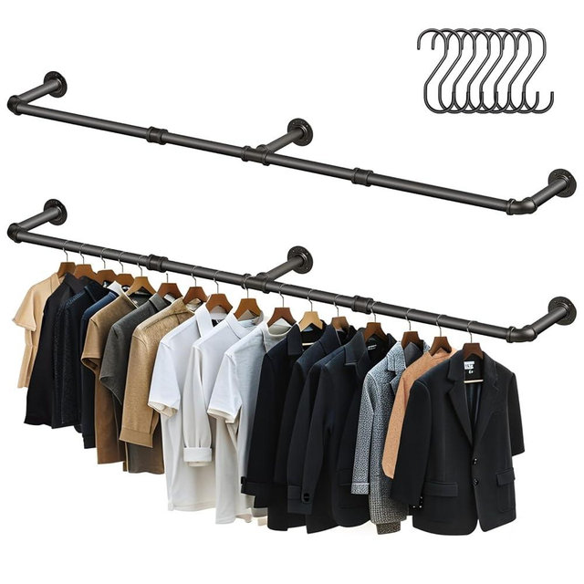 Aduanbang 64.9in Industrial Pipe Wall Mounted Clothes Rack, Heavy Duty Detachable Iron Garment Bar, Rustic Space-Saving Hanging Rod for Bedroom, Closet – Black