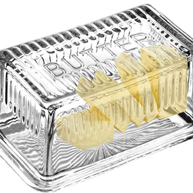 Bezrat Glass Butter Dish with Lid - Butter keeper - 100% Food Safe - Dishwasher Safe - Antique Look with the word"BUTTER" engraved on top - Fits East and West Coast butter sticks