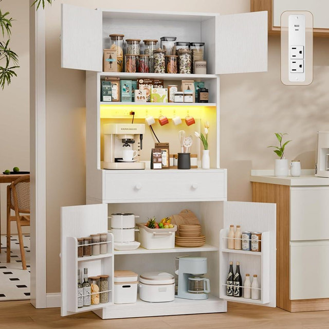 Korfile 71" Tall Kitchen Pantry Storage Cabinet with Power Outlet & LED Light, Freestanding Food Pantry Cabinet with 4 Doors and Shelves, Cupboard with Drawer, Hutch with Microwave Stand, White