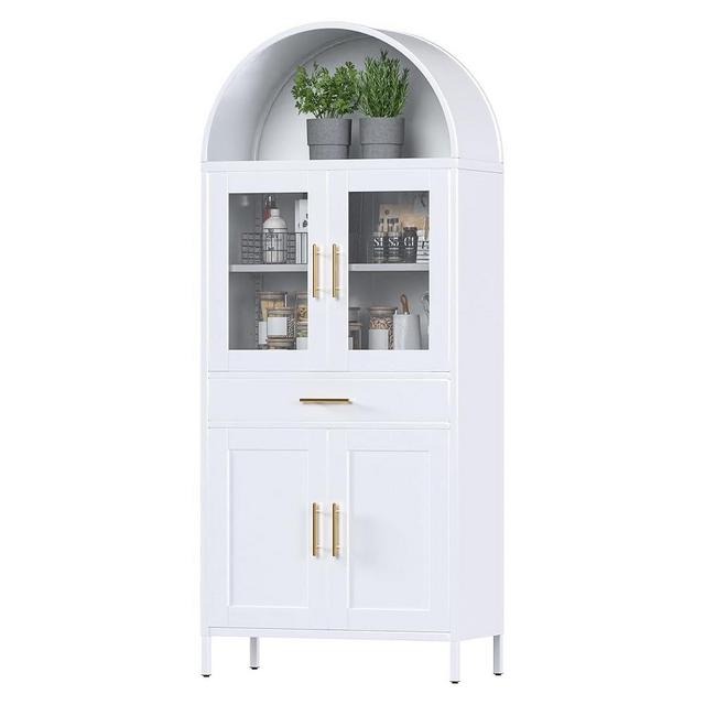 VEXPOR 73 in Tall Metal Arched Cabinet, Kitchen Pantry Cabinet with Glass Doors, Modern Farmhouse Arched Bookcase with 1 Drawer and 2 Adjustable Shelves for Living Room, White, Assembly Required