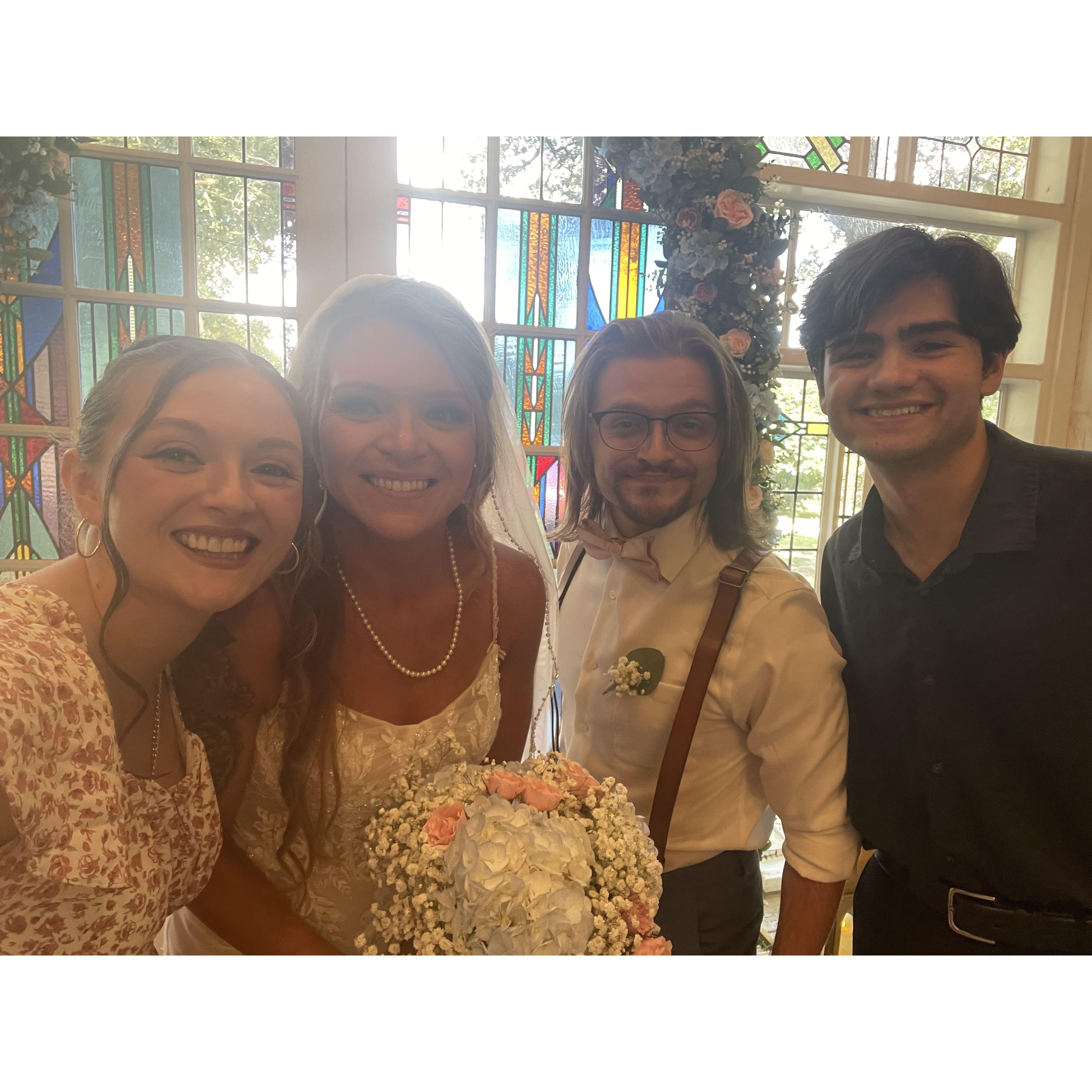 August 2024 - Us at Denver's sister's wedding, where Cassidy's brother and his string quartet played her down the aisle!