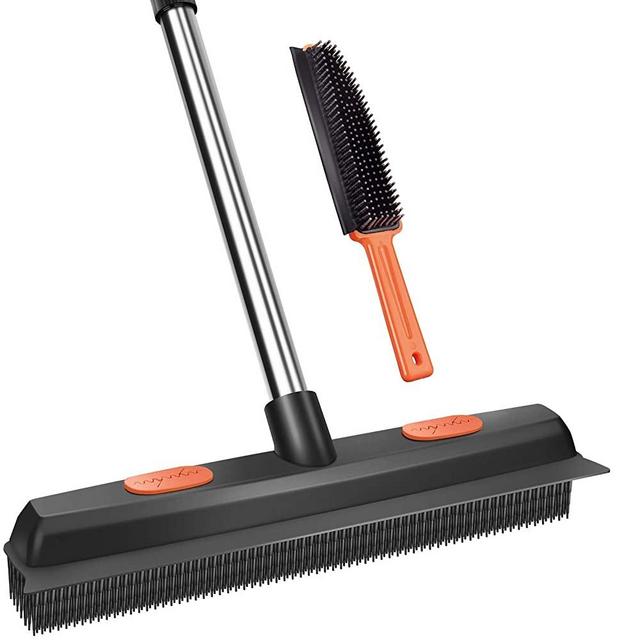 Conliwell Rubber Broom Pet Hair Removal Tool, Carpet Rake Floor Brush with Squeegee Fur, Portable Detailing Lint Remover Brush, Soft Push Broom for Fluff Carpet, Hardwood Floor, Tile, Window