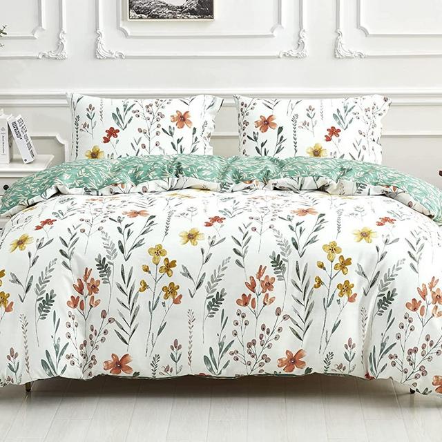 Bedclude Floral Duvet Cover Queen Size - Cotton Floral Bedding,Super Soft,Fresh, Cooling, Garden Flowers and Yellow Green Leafs Pattern, Luxury Duvet Cover with Zipper Closure and 2 Pillow Shams