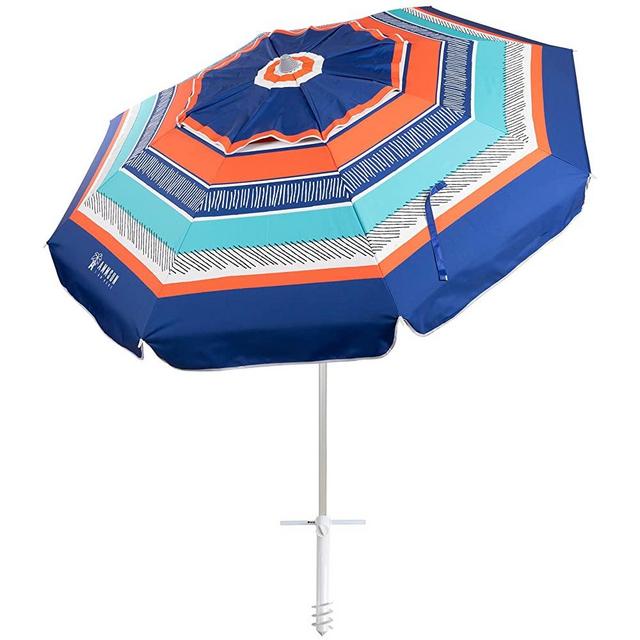 AMMSUN Beach Umbrellas for Sand Heavy Duty Wind Portable,6.5 ft Beach Umbrella with Sand Anchor & UV 50+ Protection,Outdoor Patio Umbrella with Carry Bag for Beach Patio Garden Outdoor,Blue Orange Stripes