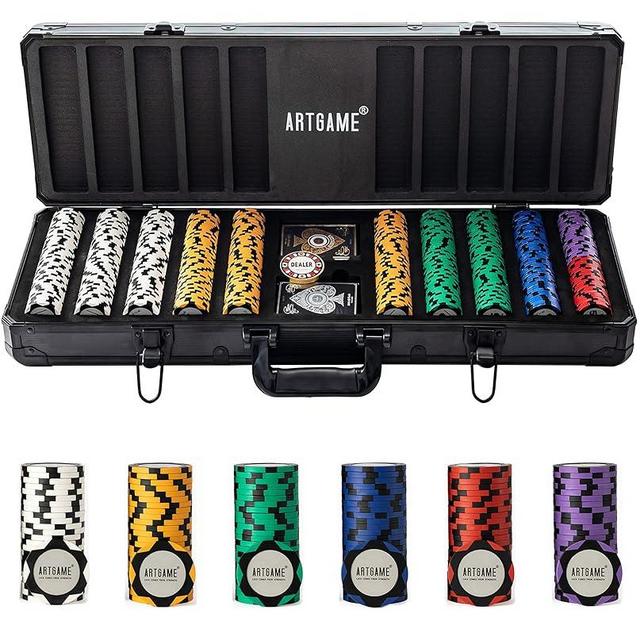 ARTGAME 14 Gram Clay Poker Chip Set for Texas Hold’em, 500Pcs Casino Style Chips, with K-Type Aluminum Case and Dealer Buttons.
