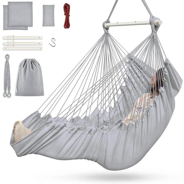 Outerman Hammock Chair, Hanging Chair with 3 Cushions and Foot Rest Support, Durable Metal Spreader Bar Max 440 Lbs, Swing Chair for Bedroom, Indoor & Outdoor, Patio, Porch or Tree（Gray）