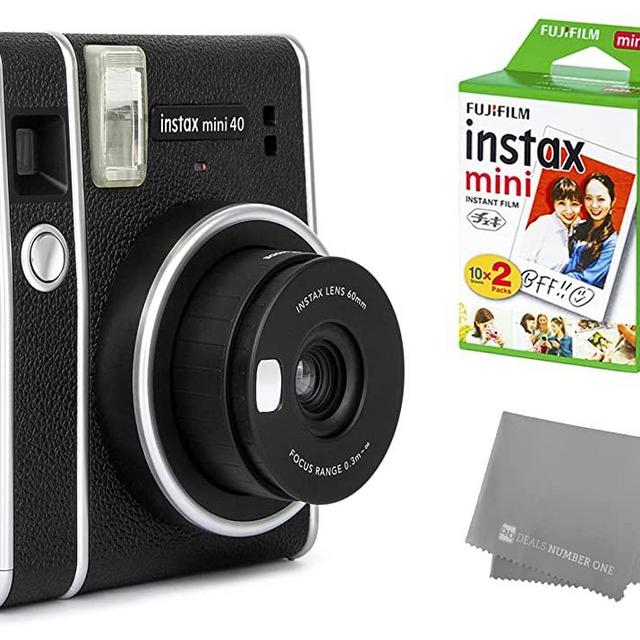 Fujifilm Instax Mini 40 Instant Camera with Fujifilm Instant Mini Film (20 Sheets) Bundle with Deals Number One Microfiber Cleaning Cloth (Black)