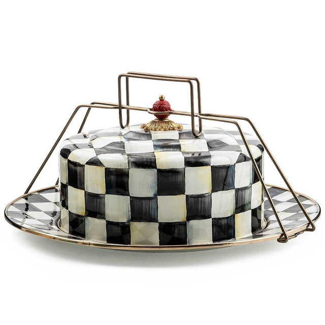 MACKENZIE-CHILDS Enamel Cake Carrier, Cake-Dish Serving Platter with Lid and Handles, Black-and-White Courtly Check