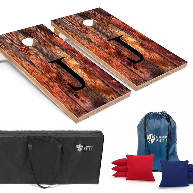 Tailgating Pros Monogrammed Red Cornhole Boards w/Ring Lights - 4'x2' Lightweight Cornhole Game- Includes LED Rings, Carrying Case, Set of 8 Corn Hole Bags & Tote