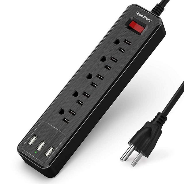 USB Surge Protector Power Strip Mountable 5ft Extension Cord Multiple Protection 5 Outlet 3 USB Port with Hook & Loop Fastener for iPhone iPad PC Home Office Travel Black SUPERDANNY