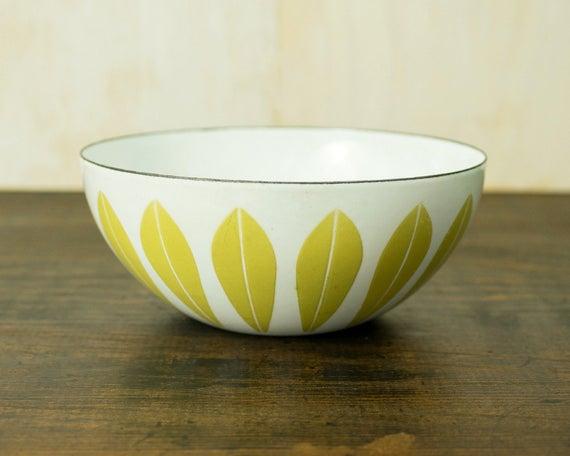 5 1/2" Cathrineholm Norway Mustard & White Vintage Enamel Metal Lotus Bowl.