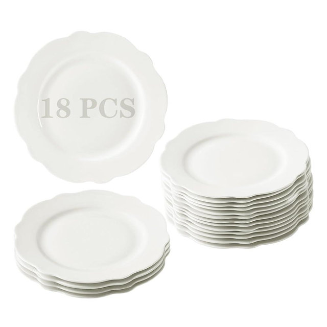 6 Inch Porcelain Small Dinner Plates Set of 18, White Leave Wave Rim Appetizer Plates, Dessert Salad Plates, Ceramic Serving Dishes for Cake, Snack, Ice Cream, Waffles, Microwave, Dishwasher Safe