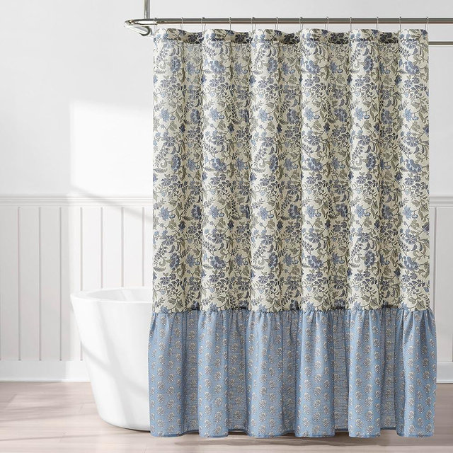 Lush Decor Lillian Block Print Linen Textured Shower Curtain Single 72" W x 72" L Blue & Sage - Vintage Floral Shower Curtains - Ruffled Bath Curtain