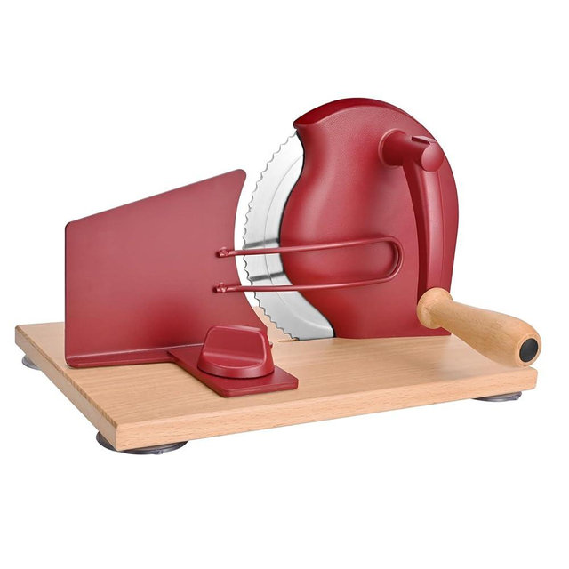 SOWKIPE Manual Bread Slicer with Hand Crank, Classic Home Bread Slicer for Homemade Sourdough, Rotary Slicer with Adjustable Thickness, Premium Stainless Steel & Powerful Suction Cups (Red)