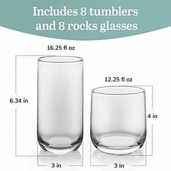 Libbey Ascent Tumbler and Rocks Drinking Glasses Set of 16, Glass Drinking Glasses with Curvature, Versatile Glassware Set for Parties and More